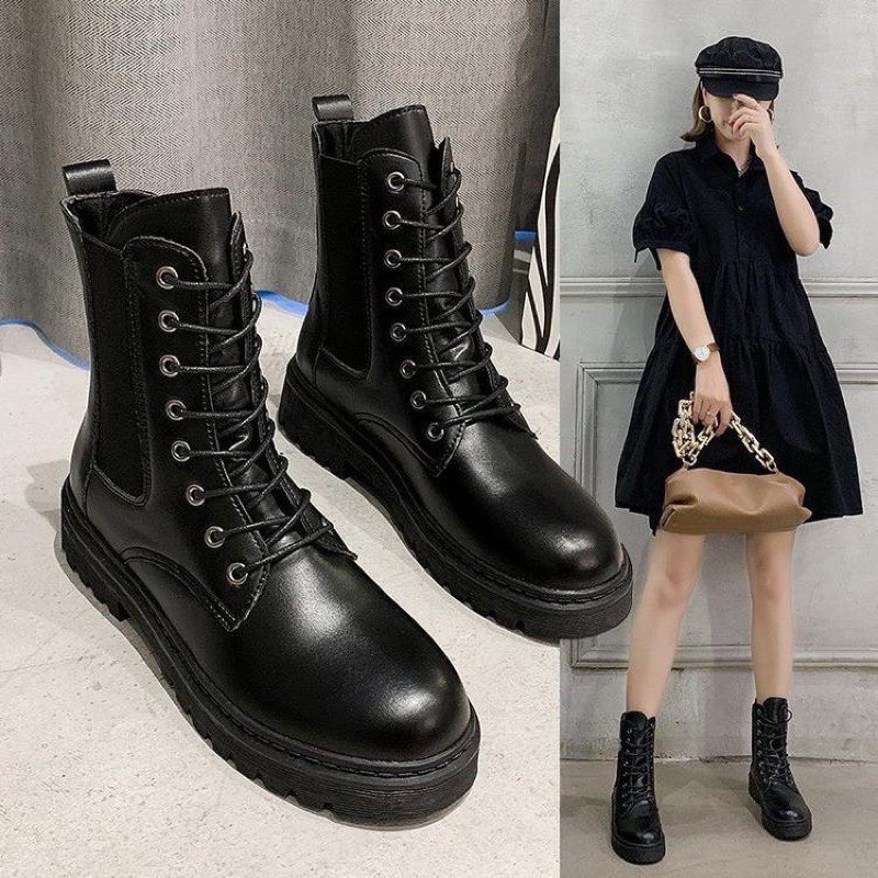 Giày boot Nữ Cổ Cao, giày bốt nữ cao cổ Martin Bốt Cổ Cao Phong Cách Hàn Quốc Đế Răng Cưa da lì | BigBuy360 - bigbuy360.vn