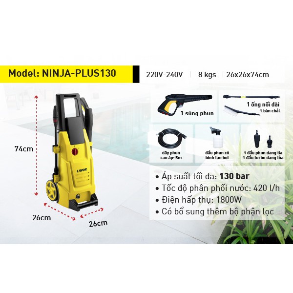 Máy phun xịt rửa xe áp lực nước Lavor NINJA-PLUS130 (1800W,chính hãng bảo hành 12 tháng )