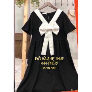 [GIÁ TIẾP THỊ] Váy bầu - đầm bầu công sở MAMADRESS dáng suông chất lụa Hàn có nơ ngực cực xinh FREESIZE