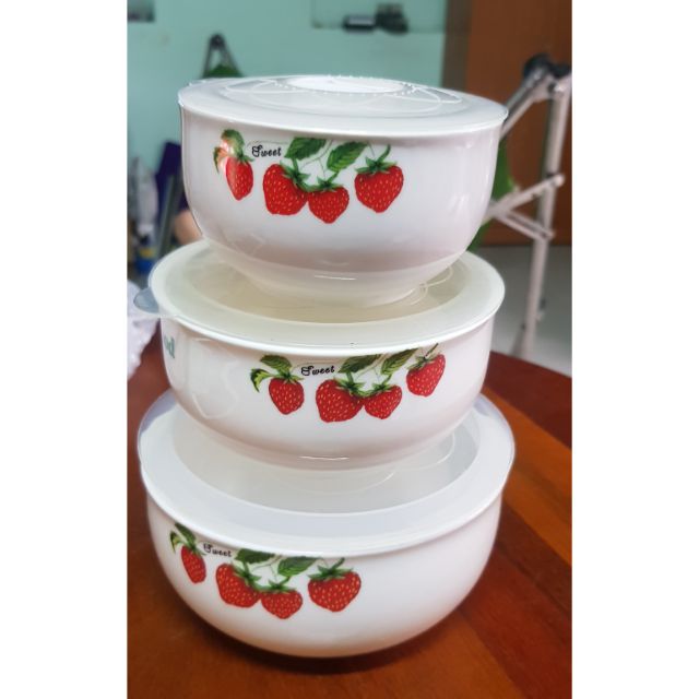 Set Bộ thố sứ quả dâu 3 cái có nắp