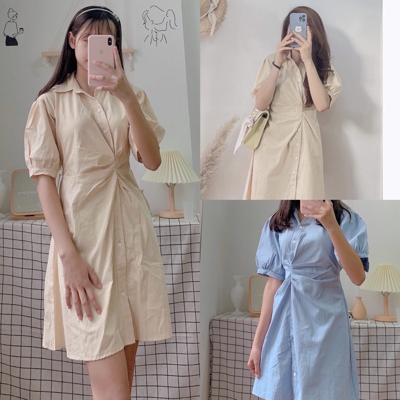 Váy Sơ Mi Công Sở Thiết Kế Nhún Eo Thanh Lịch, Đầm Sơ mi Quảng Châu nhẹ nhàng kiểu dáng Hàn Quốc lonakeng Shop