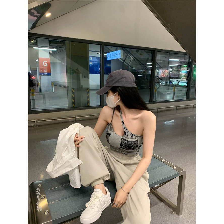Cocory vn Áo Hai Dây Croptop In Họa Tiết Tờ Báo Thời Trang Quyến Rũ Cho Nữ