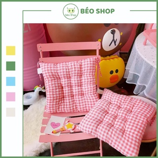 Nệm ngồi bệt , đệm lót ghế vuông caro hồng có dây buộc