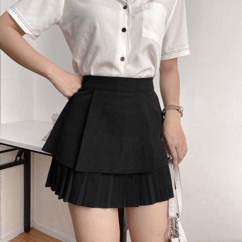 Chân Váy Ngắn Xoè 2 Tầng Xếp li nhỏ dưới màu ĐEN- chân váy tennis nữ lưng cao chất tuyếtmưa phong cách ulzzang hàn quốc