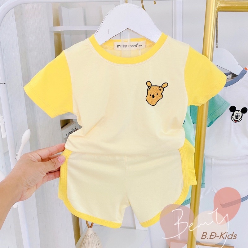 NT099 Bộ cộc phối tay giáp lăng thun lạnh Minky Mom thêu logo hoạt hình cho bé