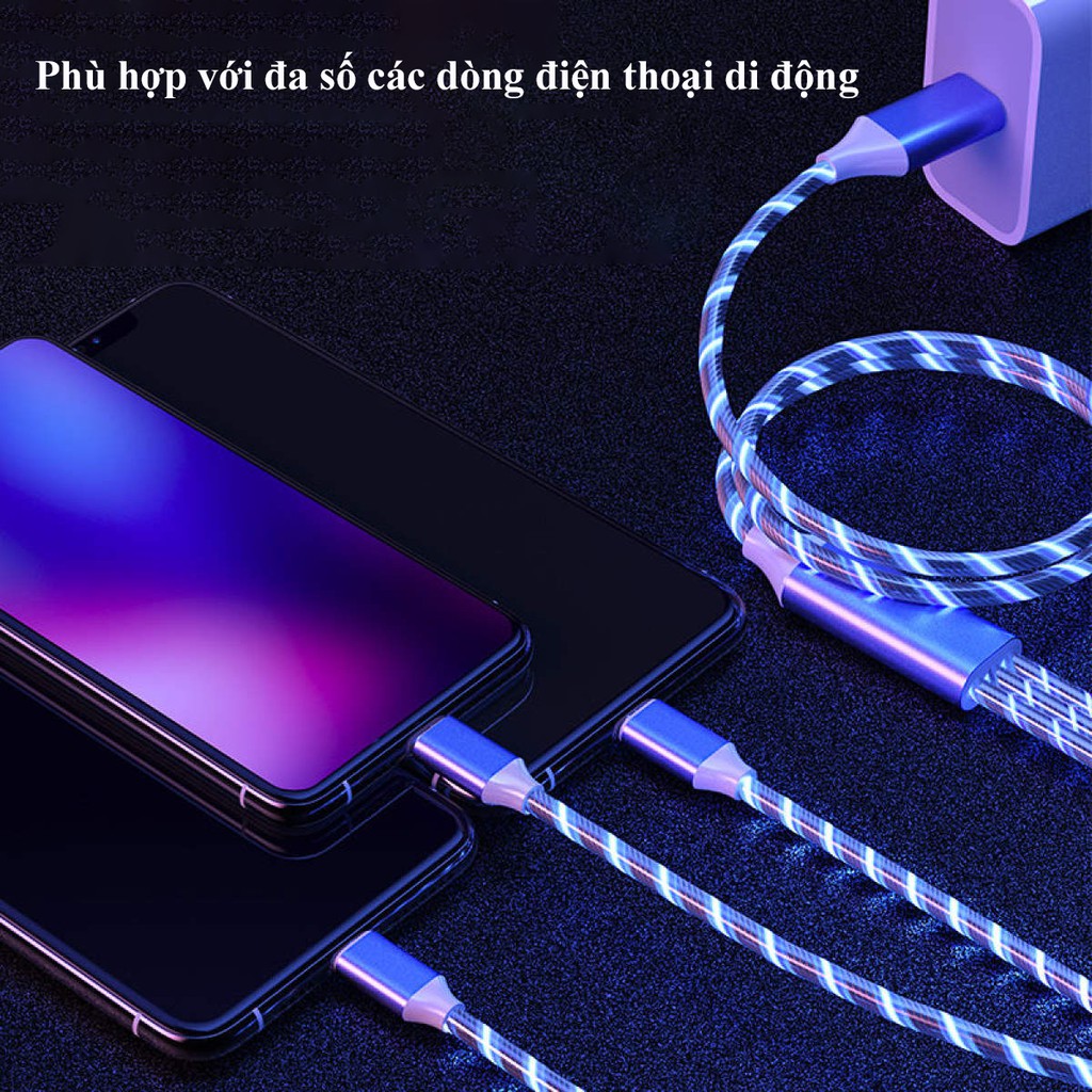 Dây Cáp Sạc Nhanh 3 Đầu Type C Samsung Iphone, Siêu Bền, Có Đèn Led Phát Sáng