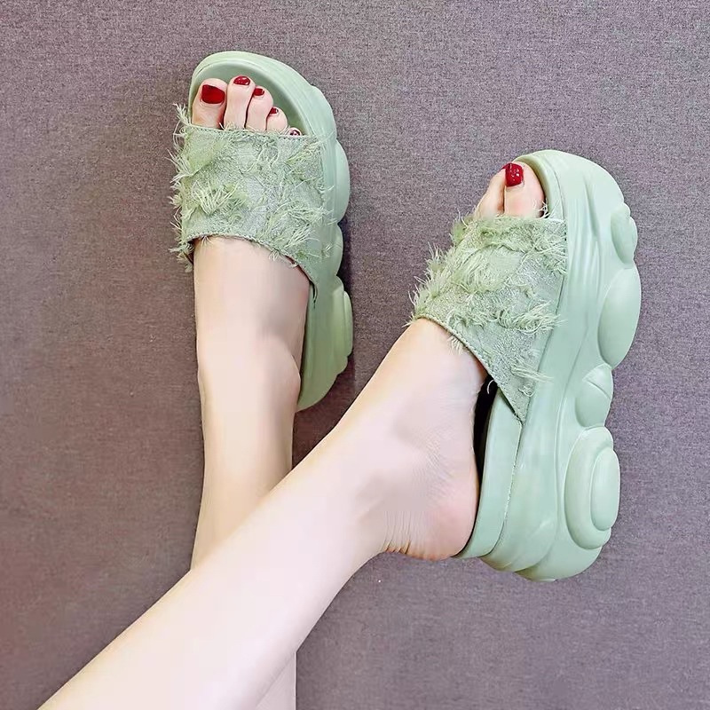 Dép bánh mỳ/ dép xuồng siêu nhẹ quai ngang tua rua cao 8,5cm