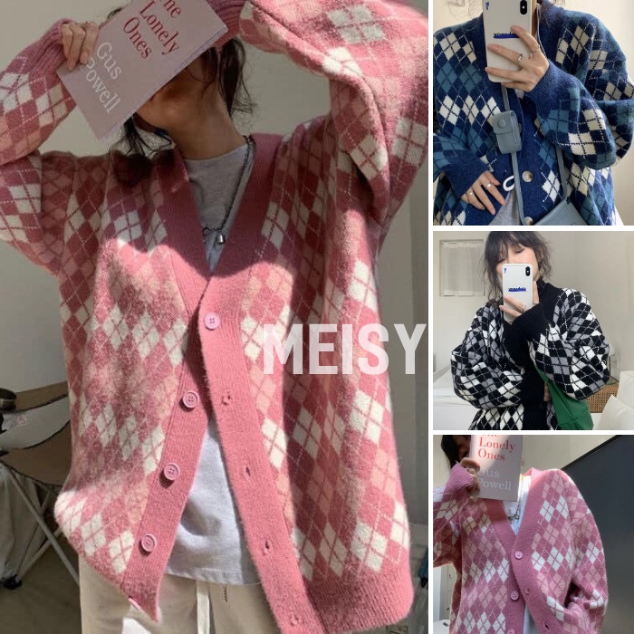 Áo khoác len Cardigan cổ tim có họa tiết dáng dài phong cách Ulzzang (Meisy)