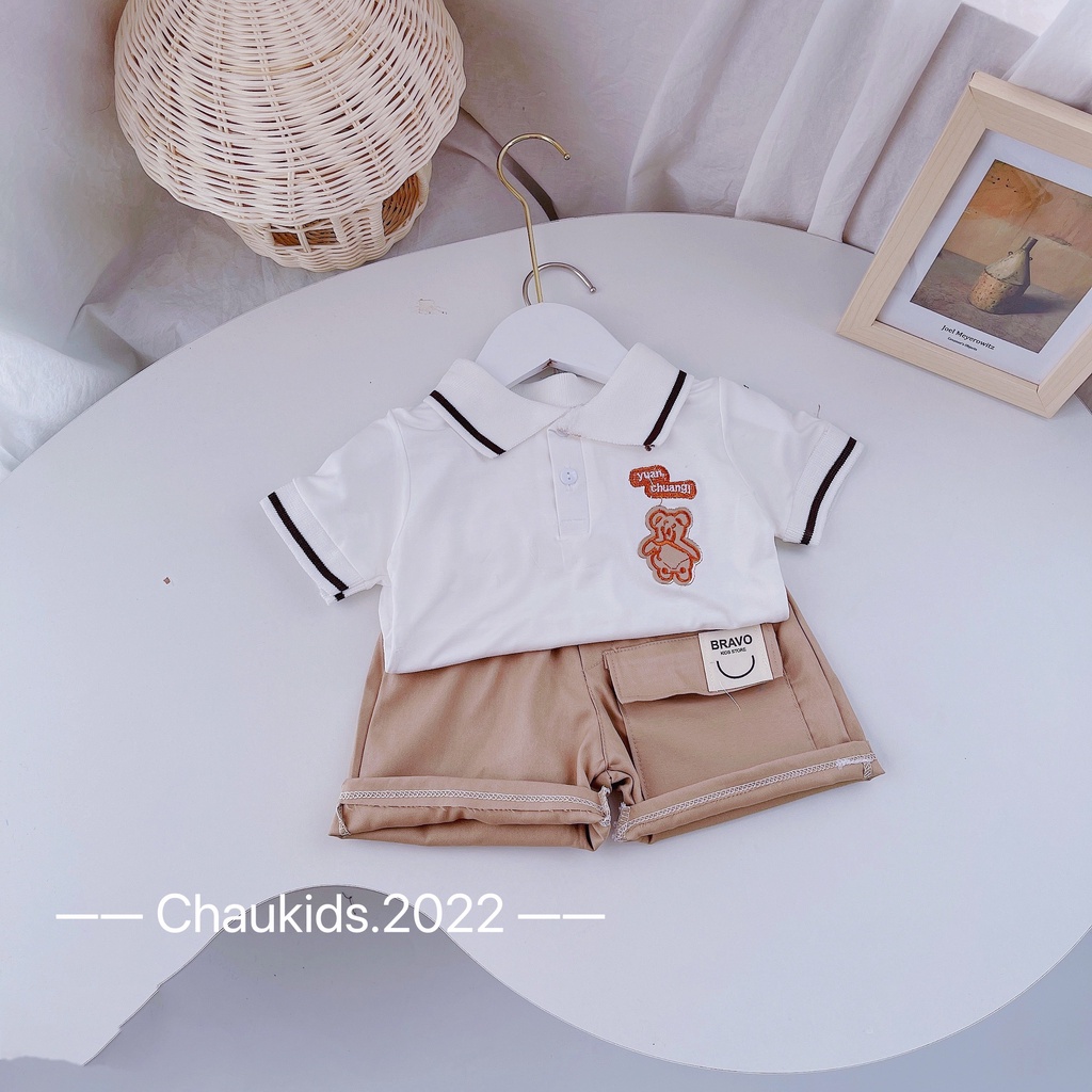 Đồ Bộ Bé Trai Áo Cotton Tàu Bổ Trụ Phối Quần Kaki Túi Hộp DOBO048