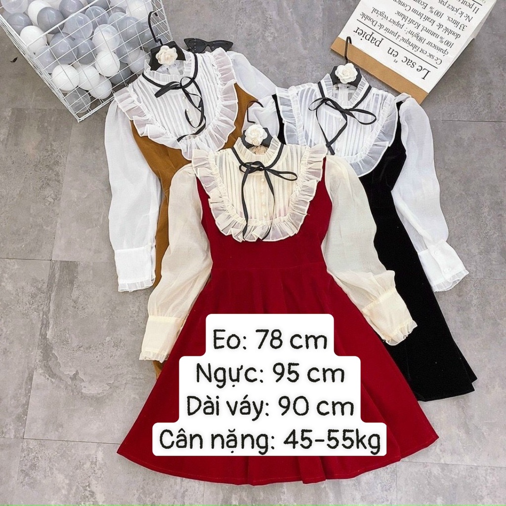 Váy nhung tiểu thư phối tay voan cao cấp VN030 màu đỏ, đen