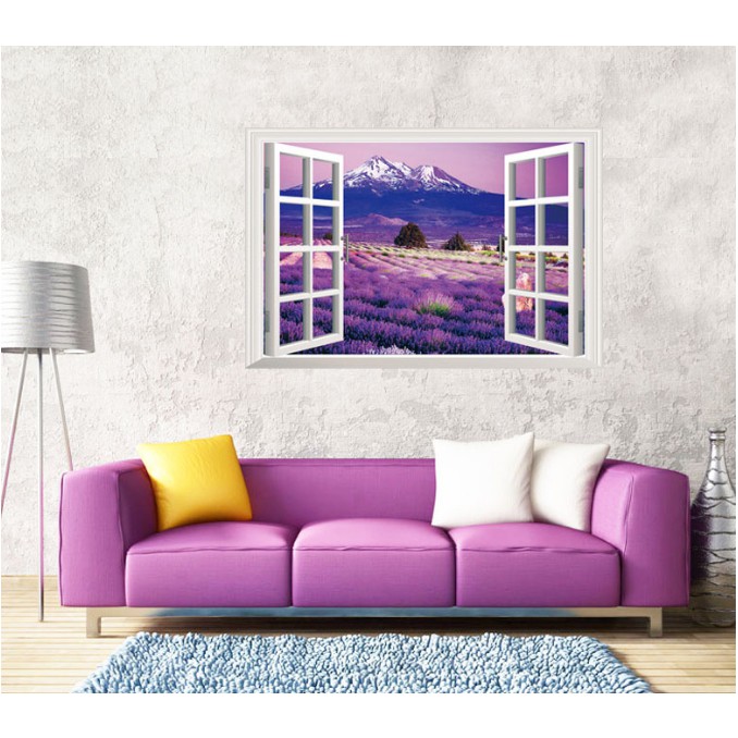 Decal trang trí khung cửa sổ 3D Núi lớn và Hoa Tím