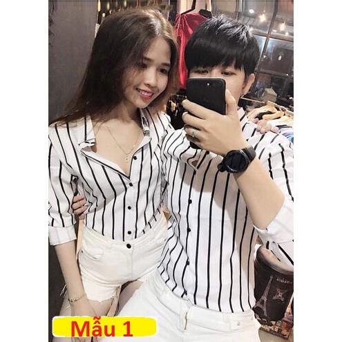 Áo đôi sơ mi màu trắng sọc đen nam nữ (gồm cả áo sơ mi nam và sơ mi nữ) - SM22