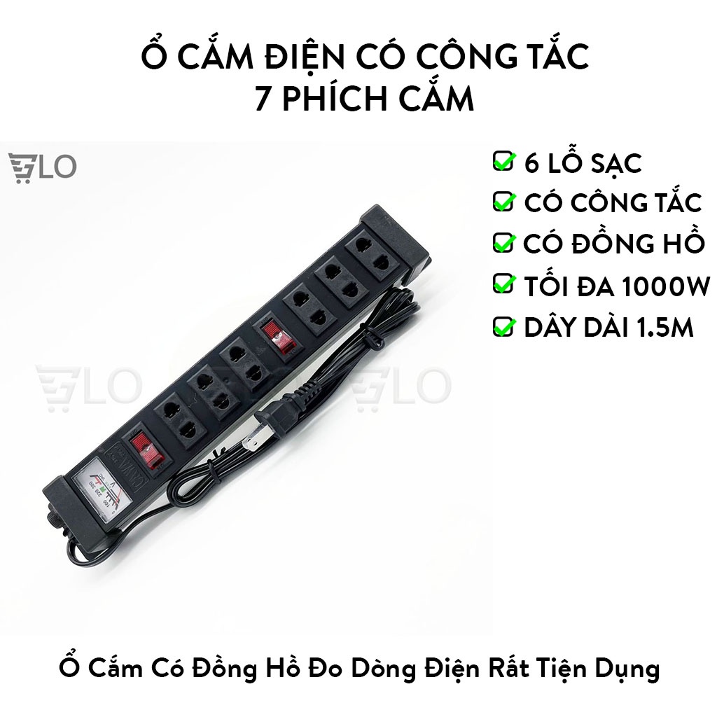 Ổ Cắm Điện Có Công Tắc 7 Phích Cắm Màu Đen