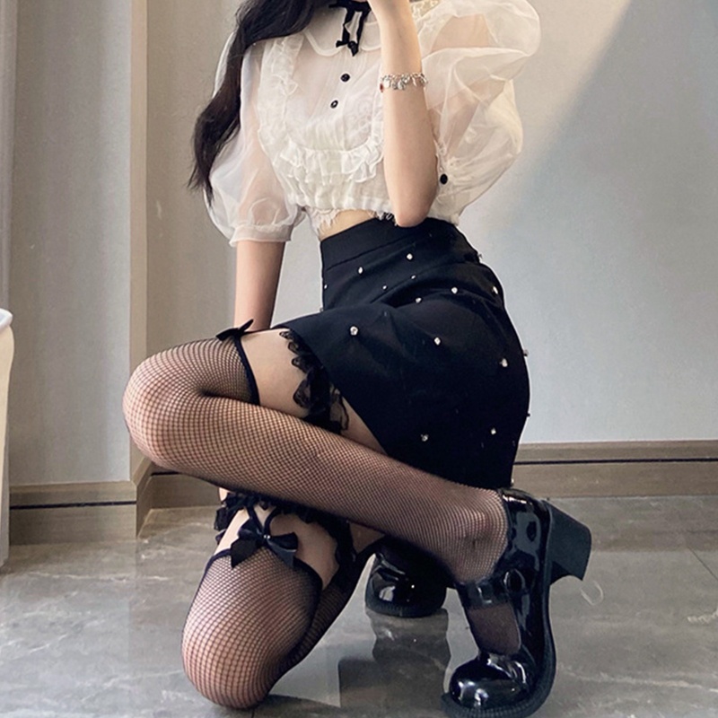 Vớ lưới dài qua gối đính nơ phong cách Harajuku cho nữ 10MK