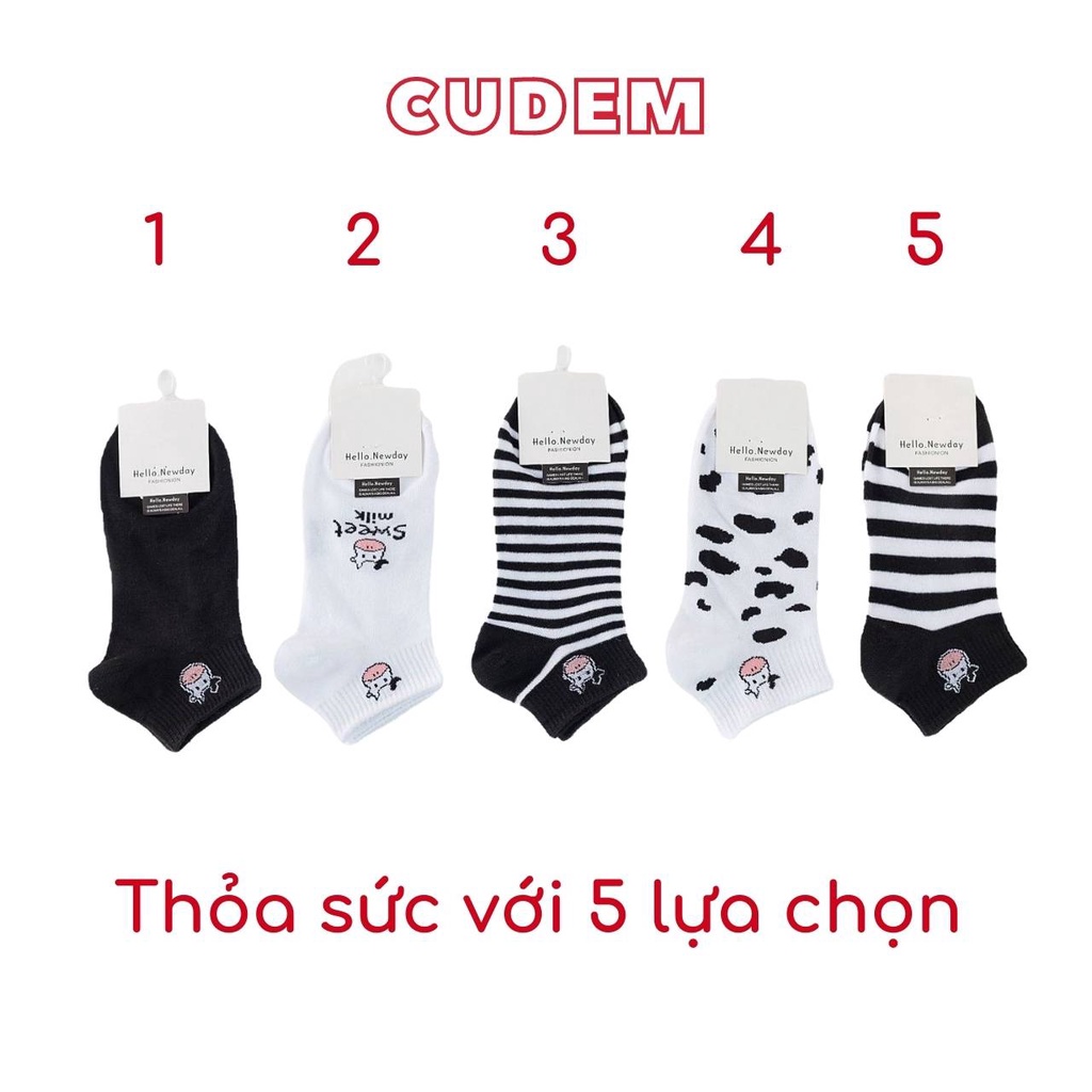 Combo 5 đôi tất nữ ngắn cổ - vớ nữ ngắn cổ hoạ tiết bò sữa xinh xắn  phong cách Nhật Hàn N5