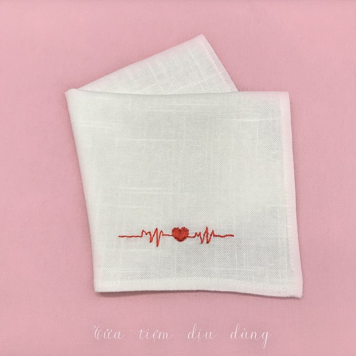 Khăn tay  vải linen thêu thủ công - mẫu Trái tim I Love You quà tặng tình yêu, Valentin