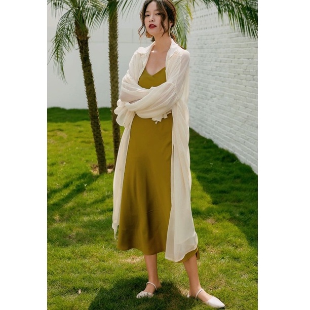 Áo Khoác cardigan chiffon Mỏng Dáng Dài Tay Phồng Chống Nắng Phong Cách Phương Tây Thời Trang Mùa Hè Cho Nữ