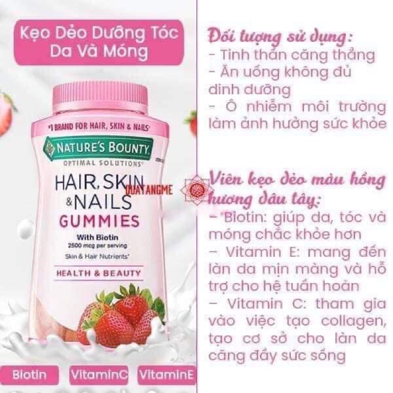 Kẹo dẻo hỗ trợ mọc tóc, đẹp da tóc móng Gummies Nature's Bounty Hair Skin & Nails 230 Viên