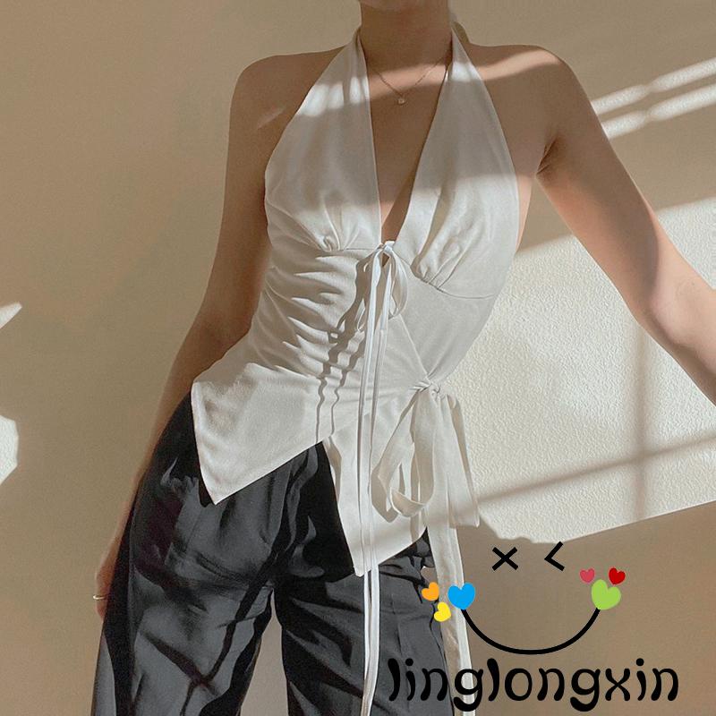 Zxy68- Áo Hai Dây Cột Cổ Màu Trơn Thời Trang Hè Kiểu Cách Cho Nữ Giới Màu Trắng S/M/L