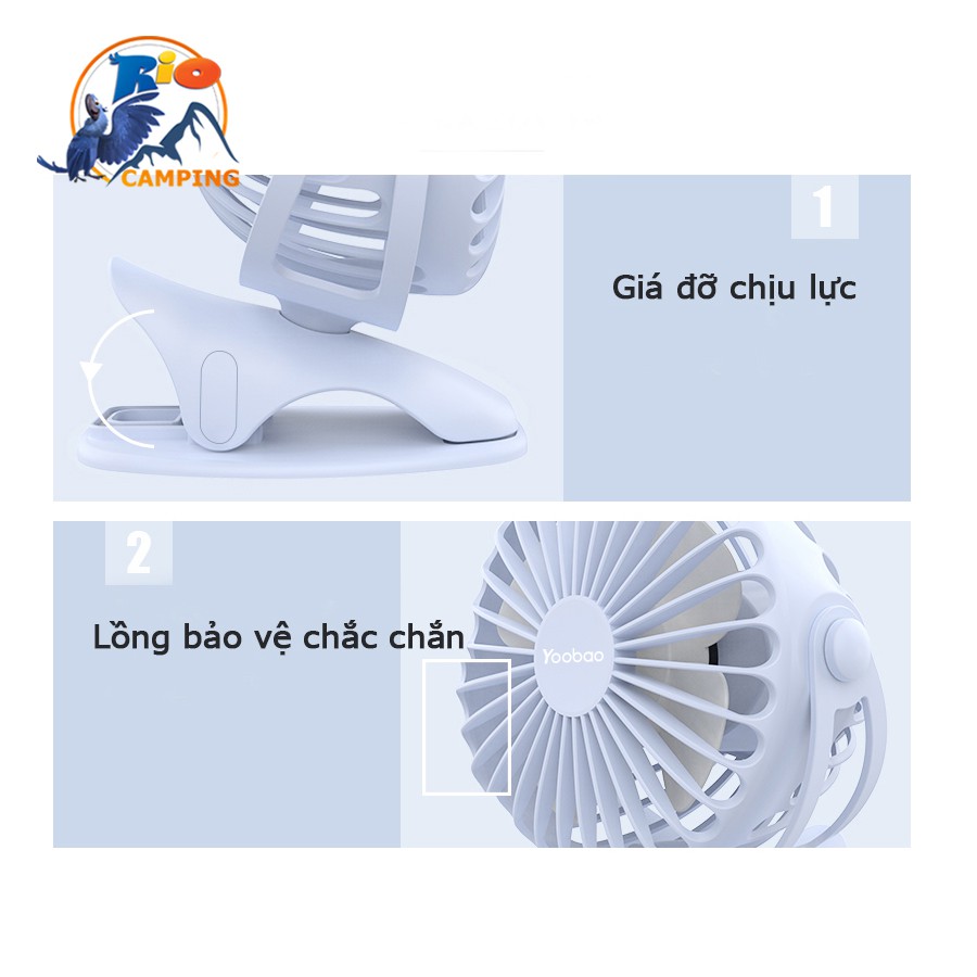 Quạt sạc Yoobao F04 mini xoay góc 720 độ, đế kẹp đa năng hoặc đặt bàn, với 4 nấc điều chỉnh gió