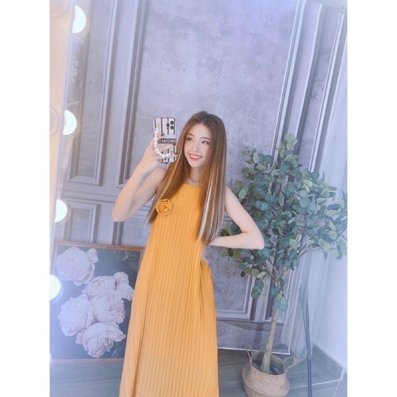 [Hàng đẹp] Đầm dập ly suông cổ yếm đính hoa ngực siêu xinh-hình thật đủ màu. alohashop91