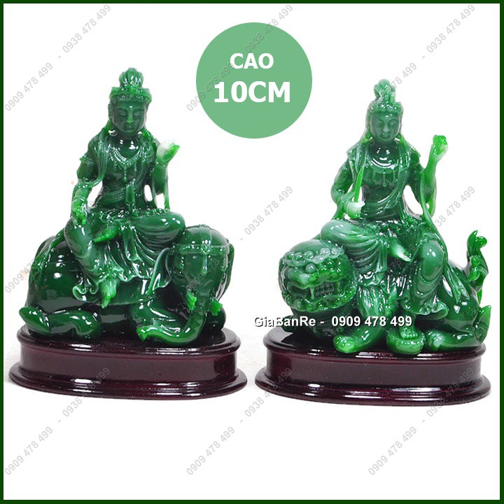 Bộ 2 Tượng Phổ Hiền Văn Thù Ngồi Linh Vật Nằm - Cao 10cm - Xanh Ngọc - 6866.3