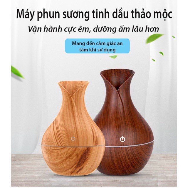 Máy phun sương tạo ẩm, Máy xông tinh dầu vân gỗ tròn hình lọ hoa phun sương đuổi muỗi