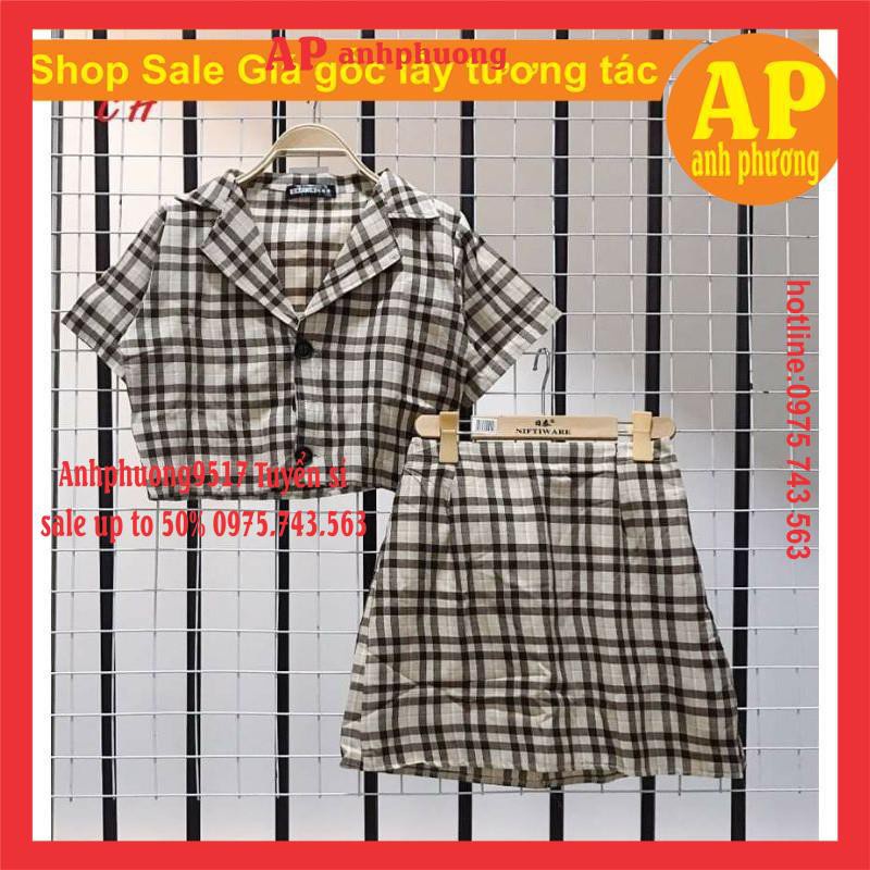 SET VÁY CHÂN VÁY KẺ SÉT ÁO VEST CROPTOP MIX CHÂN VÁY KẺ VINTAGE♥️ BỘ NỮ MẶC NHÀ PHONG CÁCH HÀN QUỐC