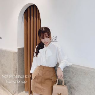Sét áo sơ mi cổ nơ tay bồng