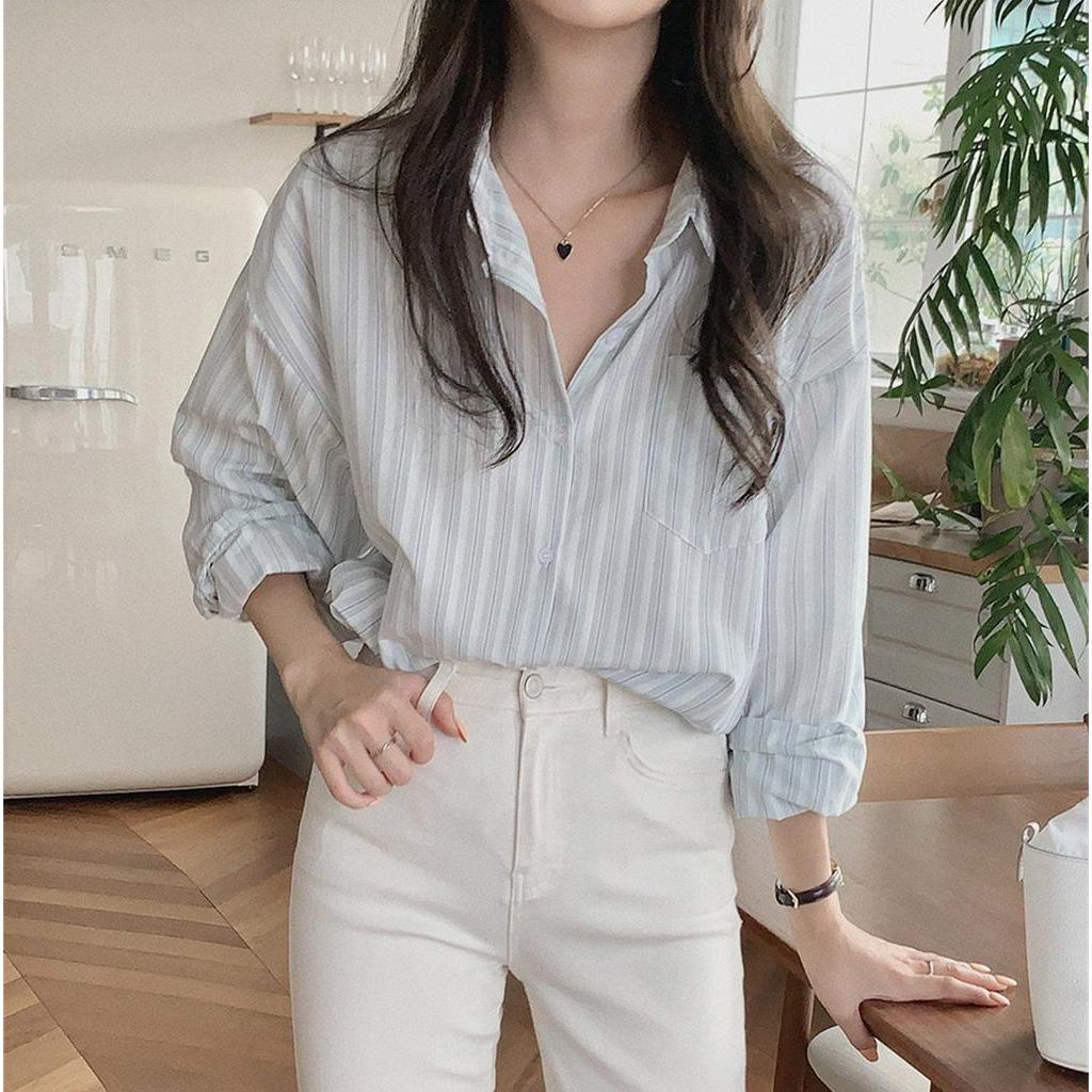 Áo sơ mi Peppermint kẻ sọc dáng rộng dài tay phong cách thời trang Hàn Quốc đơn giản 54663