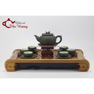 Ấm chén Bát Tràng_Bộ trà gốm tử sa Trống đai xanh rêu