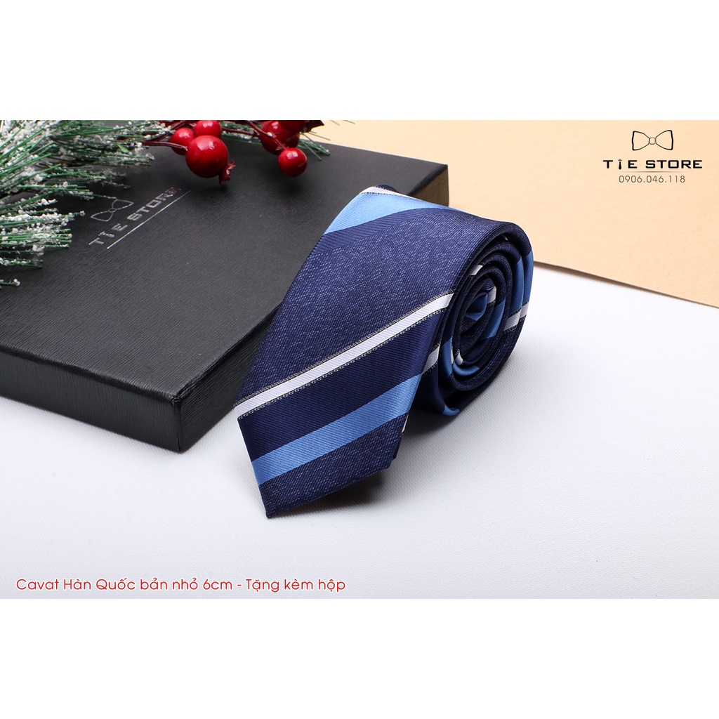 Cà Vạt Nam Bản nhỏ 6cm Màu xanh đen kẻ - Cavat Hàn Quốc Dành Cho Chú rể, Công Sở Cao Cấp Full box