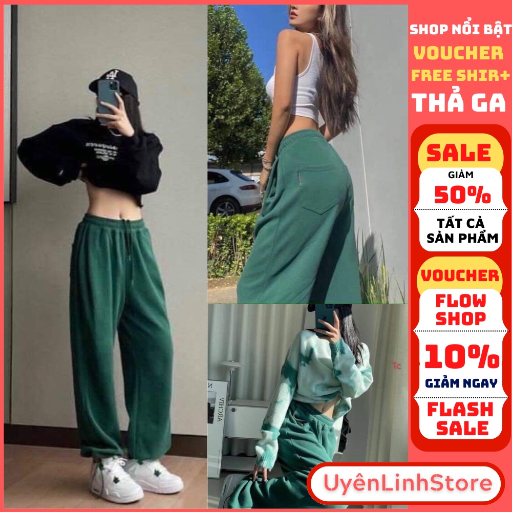 Quần nỉ ống suông 💕 Quần jogger nữ xanh rêu thể thao ống rộng nỉ cotton cá tính 2022 - Uyên Linh Store