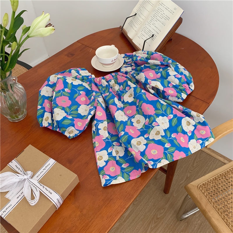 SUXI Áo Kiểu Cổ Vuông Tay Ngắn Dáng Rộng In Họa Tiết Hoa Phong Cách Hàn Quốc Xinh Xắn