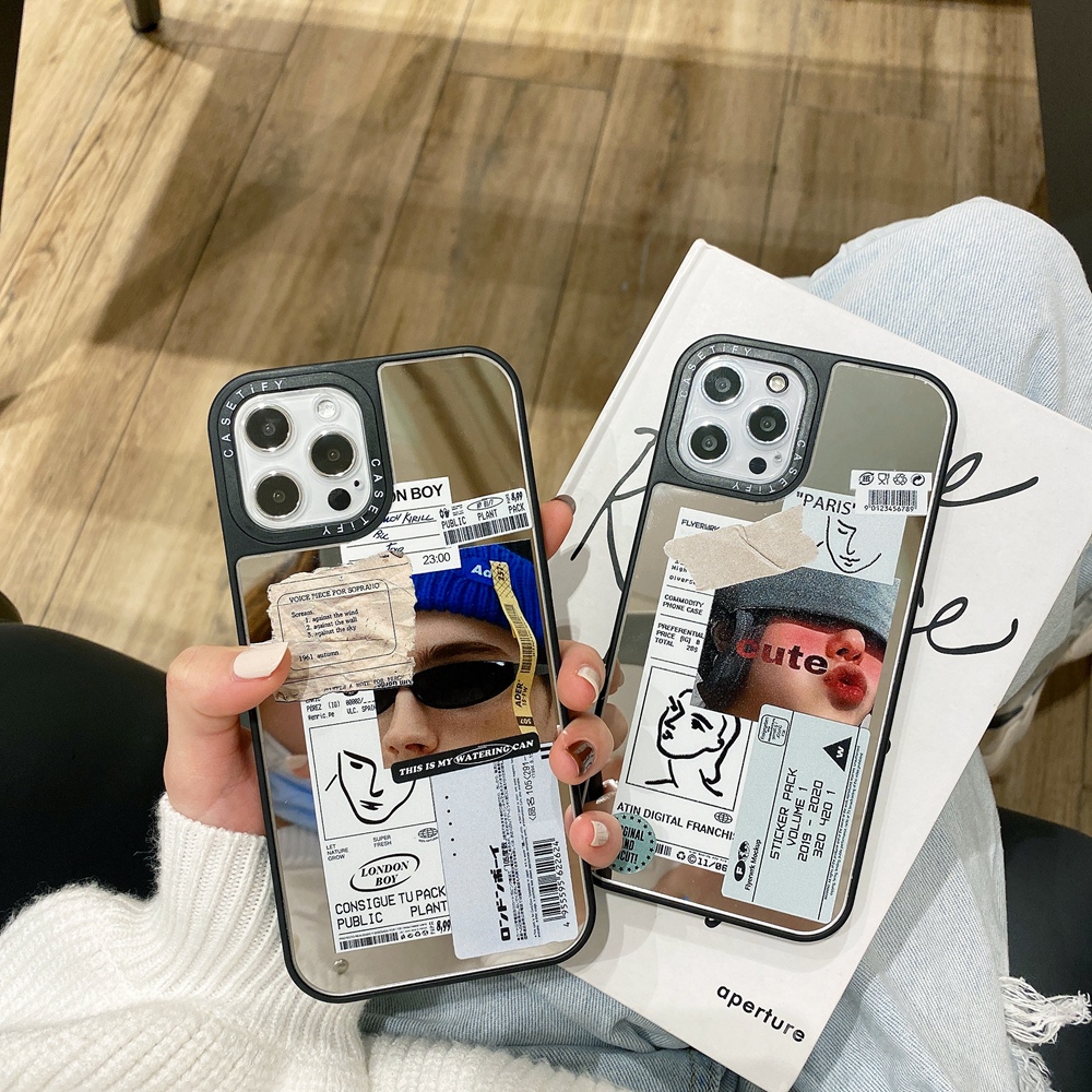 Apple iPhone 7 8 Plus 7+ 8+ X XS XR 11 11Pro 12 Mini 12Mini Pro Max XSMax SE 2020 insta Style Casetify Tide Brand Retro Cute Plating Makeup Mirror Art Hand Painted Receipt Label Ticket Lens Protection Flexible Soft Silicone TPU Case Cover Anti-Drop Casing