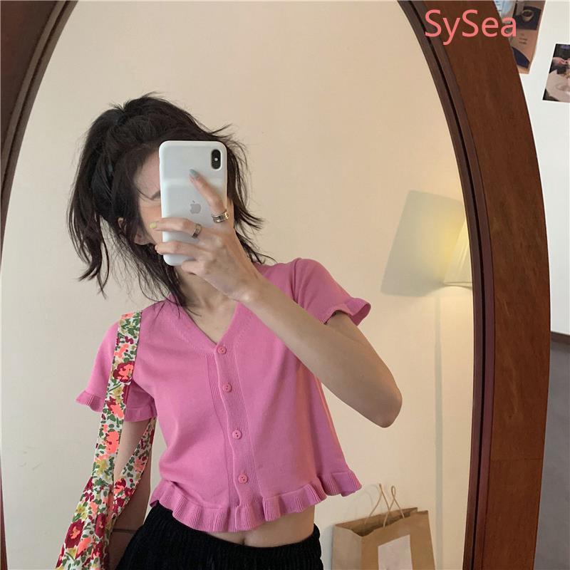 Áo croptop dệt kim ngắn tay màu trơn mùa hè cho nữ