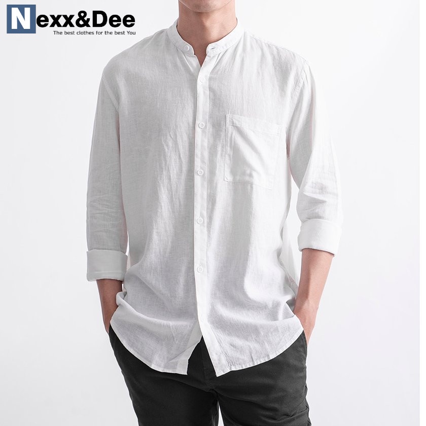 Áo sơ mi nam tay dài công sở màu trắng Nexx&Dee vải linen denim jean cao cấp NS0121