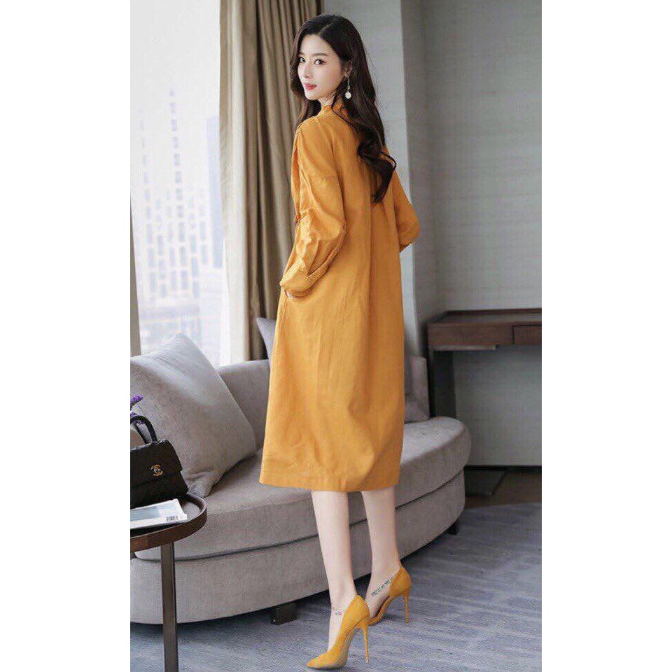 Đầm Nữ Vàng Cam Suông Tay Dài Thắt Eo
