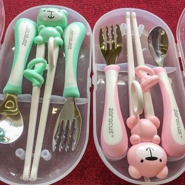 Set Dĩa Thìa Đũa inox Hàn Quốc  Cao Cấp , ăn Dặm cho Bé, giúp Bé dễ cầm Nắm