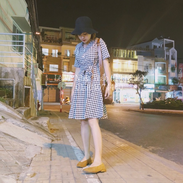 Đầm caro nơ eo
