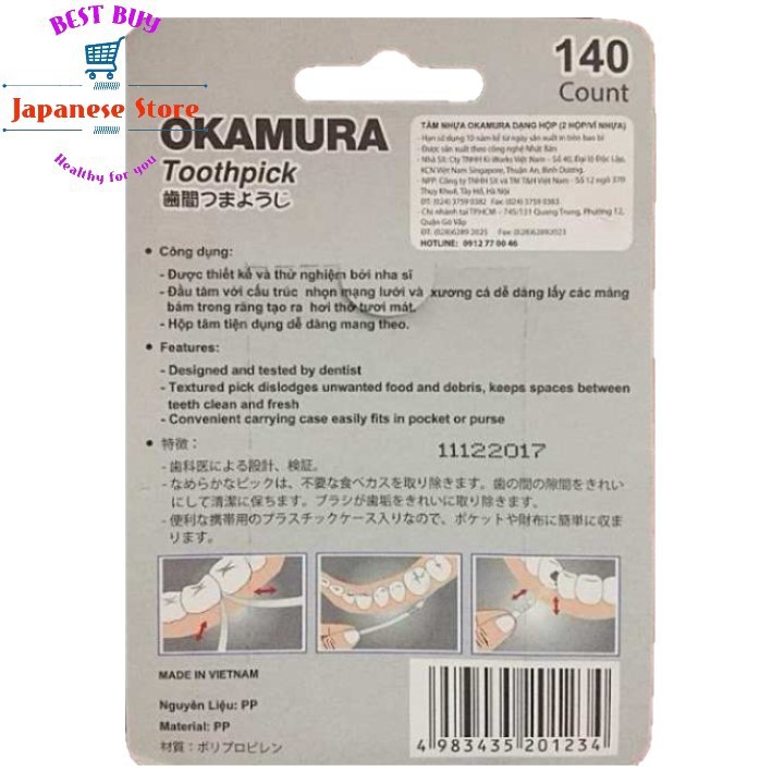 Tăm nhựa nha khoa Okamura Nhật Bản hộp 140 que 2 đầu chức năng màu trắng