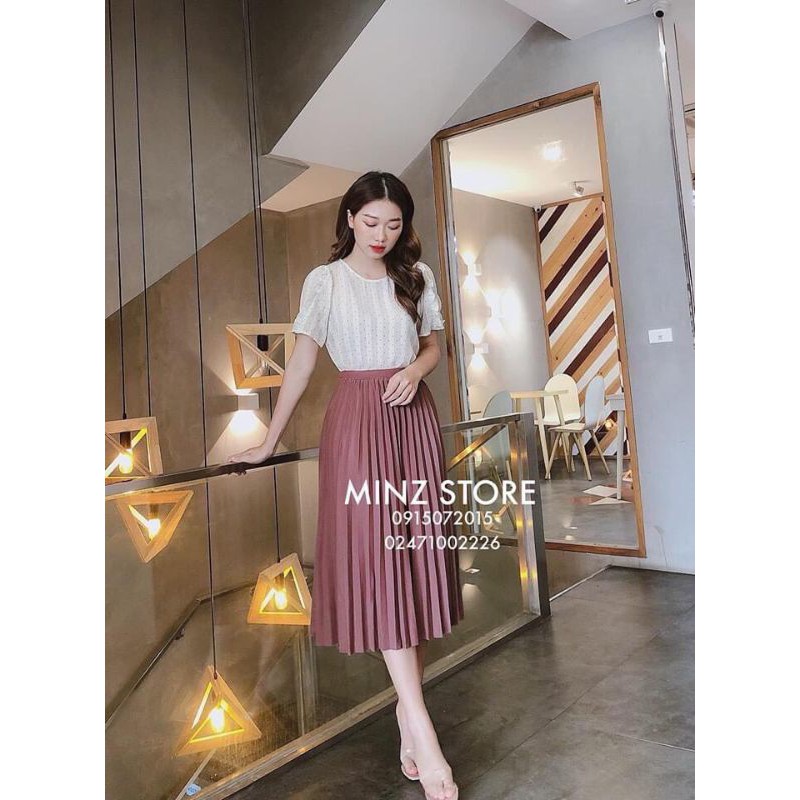 Chân váy dập li dáng dài ánh nhũ hàng QC