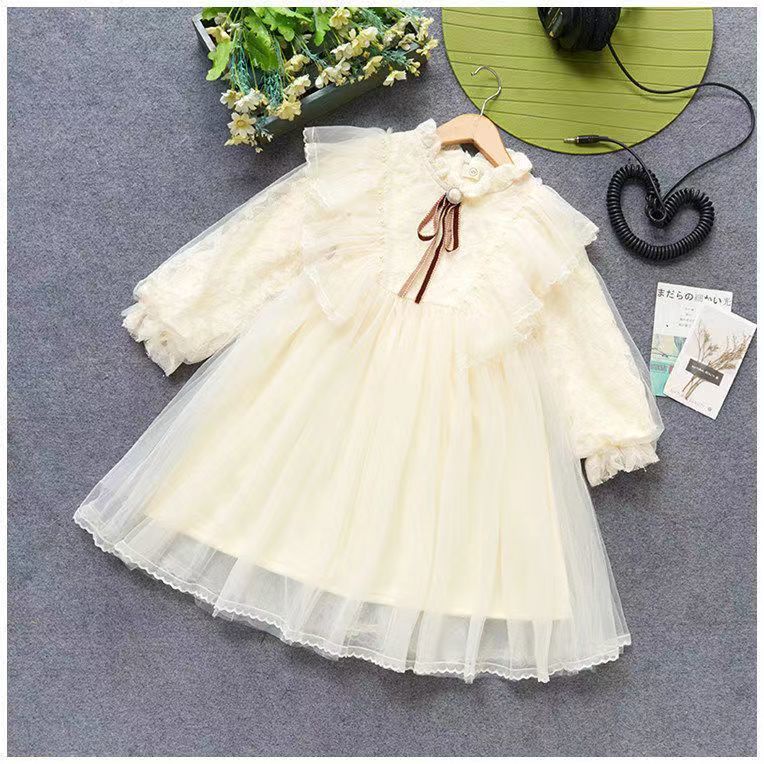 Đầm Công Chúa Tay Dài Phối Ren Dễ Thương Thời Trang Xuân Thu Cho Bé Gái