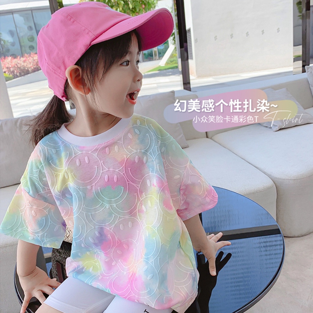 Áo Thun Ngắn Tay Họa Tiết Mặt Cười Màu Nhuộm Phong Cách Phương Tây Mới Cho Bé Gái