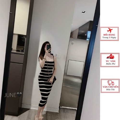 Đầm body len nữ 2 dây dáng dài maxi sọc kẻ ngang ulzzang Hàn Quốc thu đông