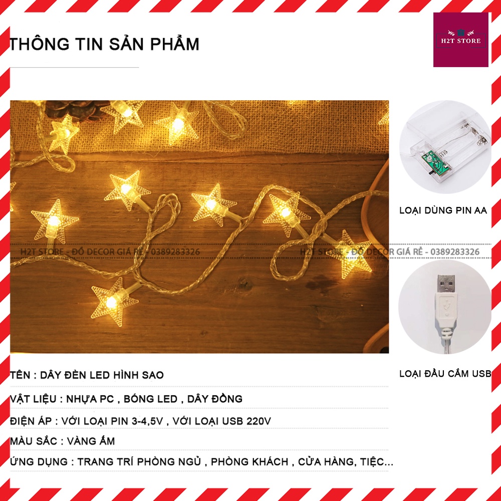 Dây đèn led trang trí ngôi sao , đèn led trang trí phòng ngủ nhiều kích thước tặng kèm dây và kẹp gỗ treo ảnh