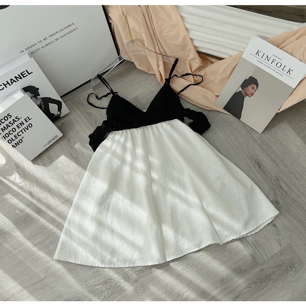 Đầm váy nữ form baby doll, rớt vai, 2 dây cúp đen phối trắng, hàng hotgirl