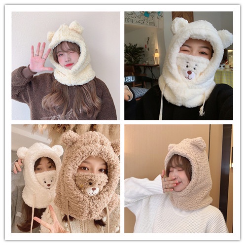 Nón trùm đầu bằng vải lông hình chú gấu hoạt hình chụp tai kèm khăn choàng chống gió