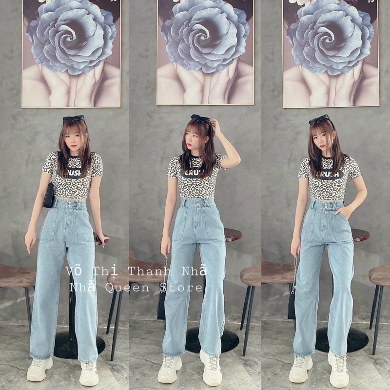 Quần jeans ống rộng túi vuông 2 khuy cạp cao hàn quốc ulzzang