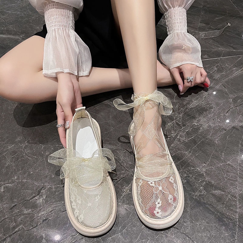 Giày Búp Bê Đế Mềm Phối Ren Lưới Đính Ngọc Trai